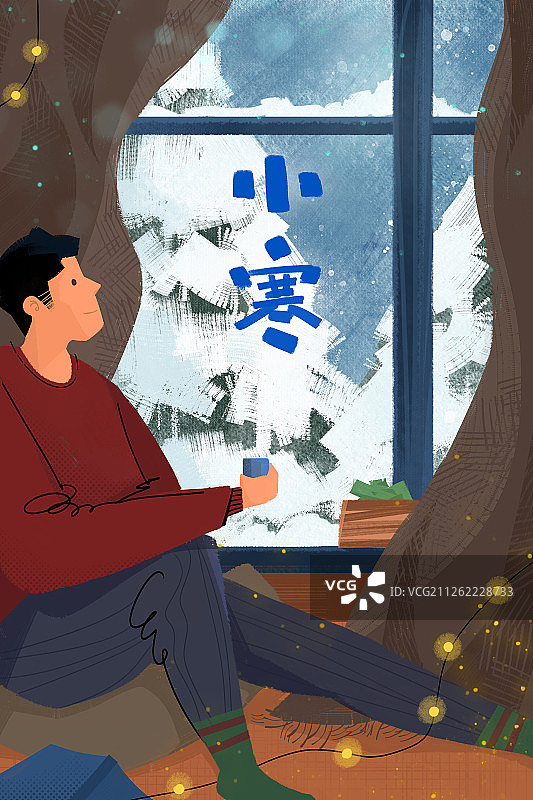 寒冷冬天男青年坐在在窗前看温馨雪景的插画图片素材