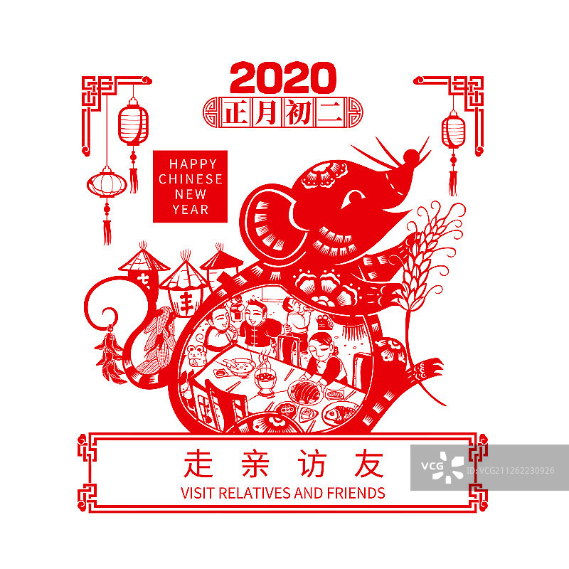 剪纸大红鼠2020正月初二图片素材