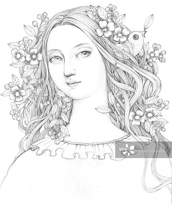 唯美插画古典风格女孩-素描古典美女图片素材