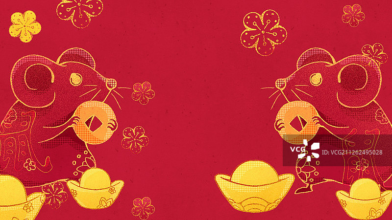 鼠年抱着金铜钱脚下放着金元宝与描金金梅花手绘插画横版图片素材