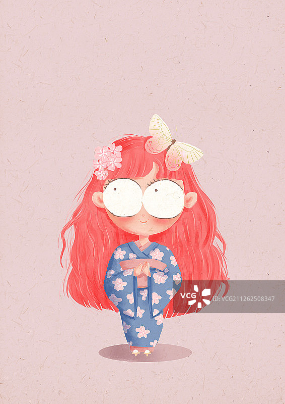 穿着和服站着的粉色头发卡通女孩图片素材