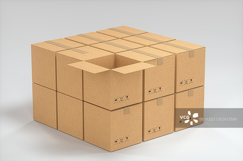 白色背景下崭新的包装箱 快递运输仓储概念图 三维渲染图片素材