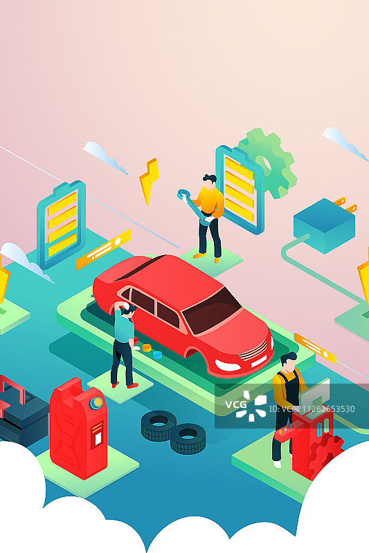2.5D汽车维修保养新能源充电桩加油活动扁平矢量插画图片素材