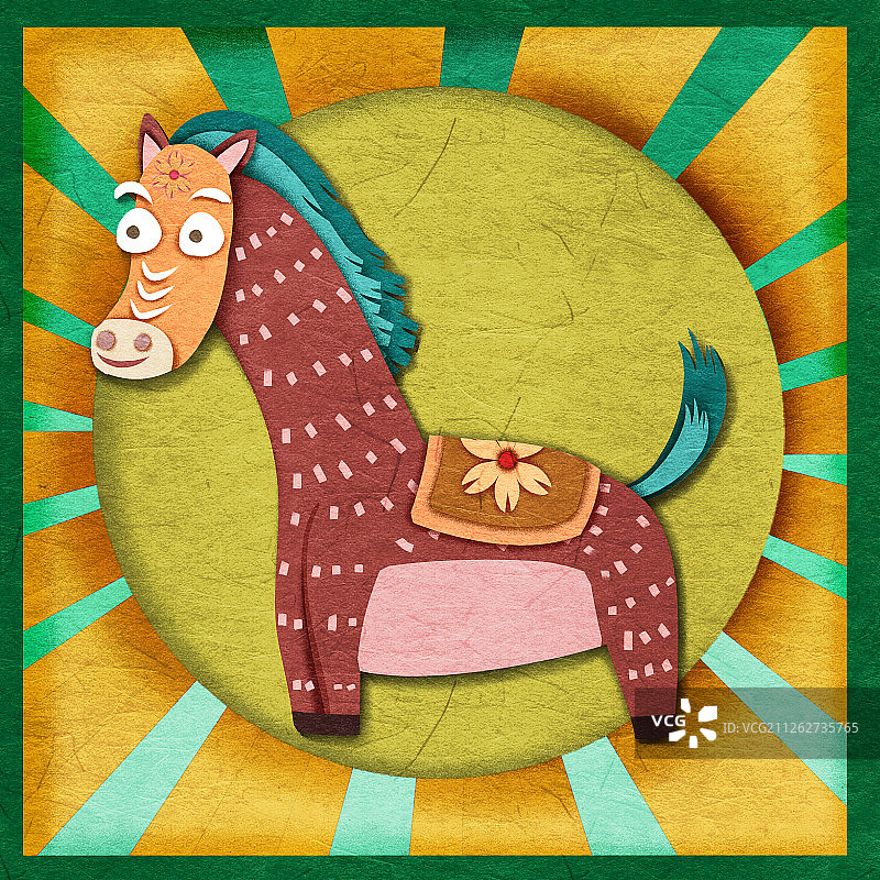 立体剪纸风十二生肖马年马插画图片素材