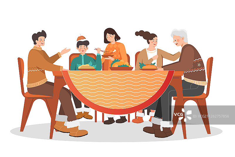新年春节年夜饭团圆饭家庭聚餐活动扁平矢量插画图片素材