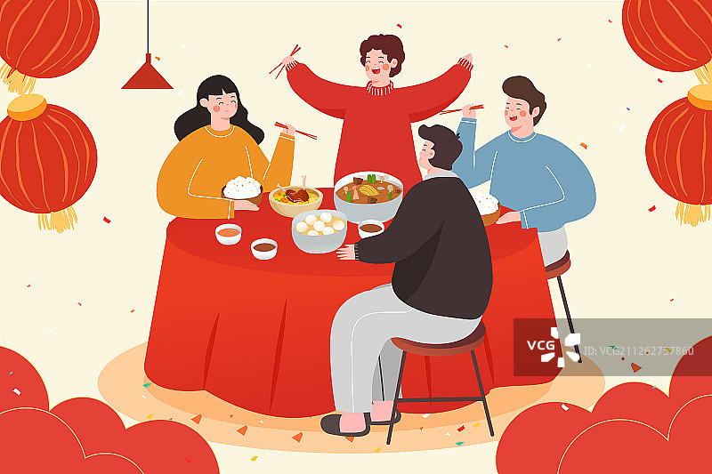 新年春节年夜饭团圆饭家庭聚餐活动扁平矢量插画图片素材