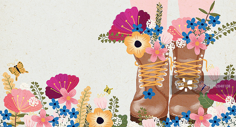 在花丛中插满了鲜花的穿着白裙子的女孩的靴子图片素材