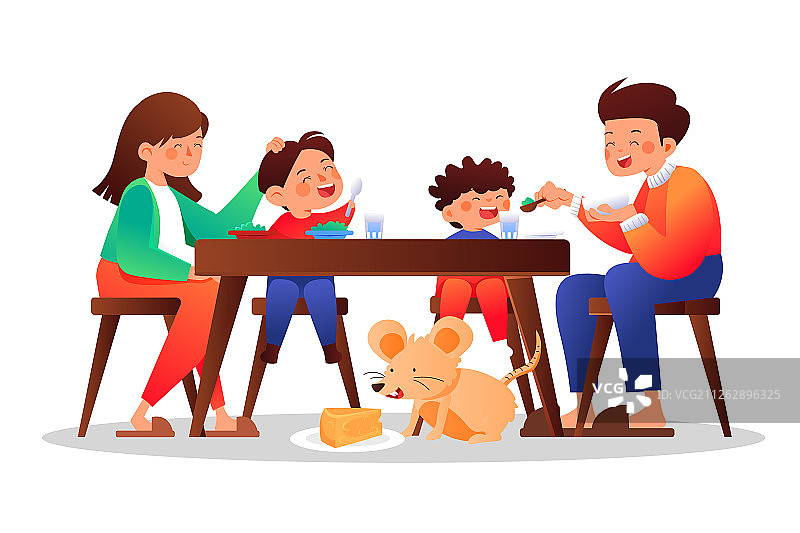 卡通2020鼠年家人团聚年夜饭背景矢量插画图片素材