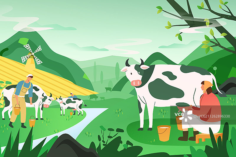 卡通牛奶加工挤奶饮料饮品活动牧场风景矢量背景插画图片素材