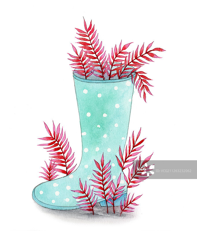 水彩手绘创意雨靴长草插画设计素材图片素材