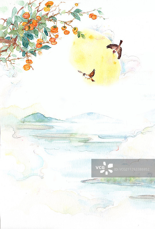 插画：古风水彩远景图图片素材