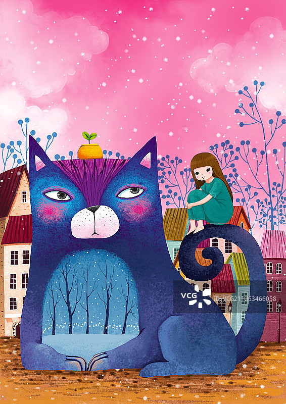 儿童插画-坐在猫尾巴上的女孩图片素材