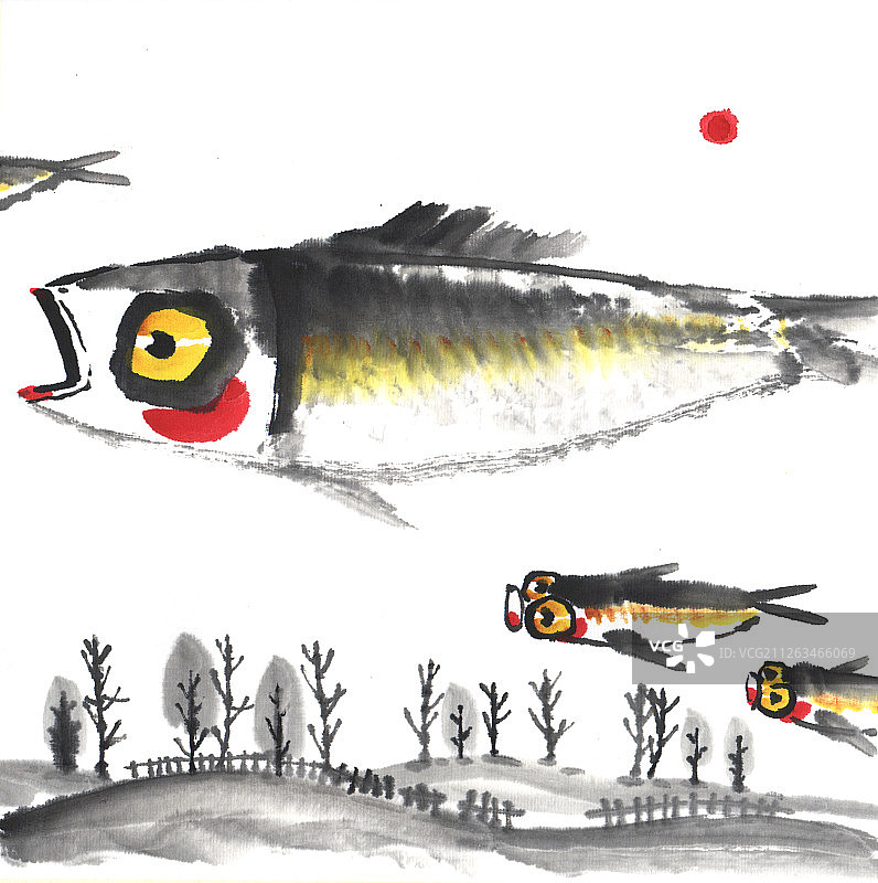 国画水墨插画-空中飞着的鱼图片素材