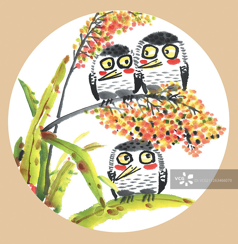 国画水墨插画-站在高粱上的三只小鸟图片素材