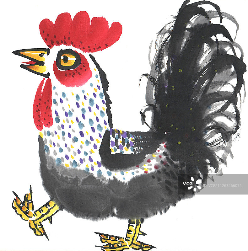 国画水墨插画-步行的公鸡图片素材