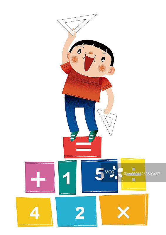 拿着三角板的男孩站在输血积木上图片素材