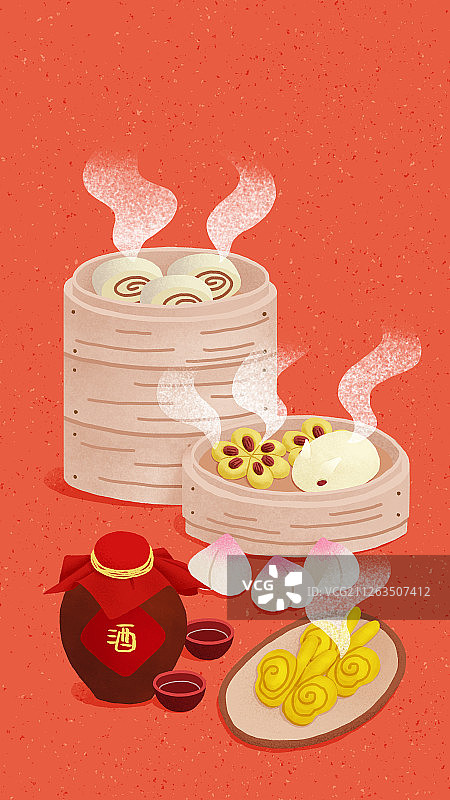 年俗红色背景竖版腊月二十九-蒸馒头图片素材