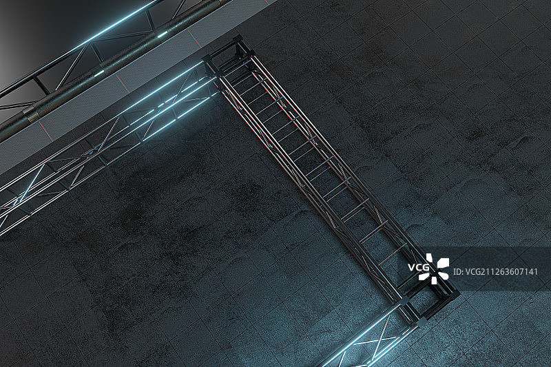 深色岩石地砖地面与钢架结构背景 三维渲染图片素材
