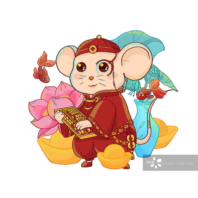 中国传统民俗十二生肖鼠拨金算盘创意国风手绘插画1图片素材