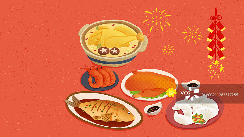 年俗扁平风红色背景横版大年三十-闹一宿图片素材