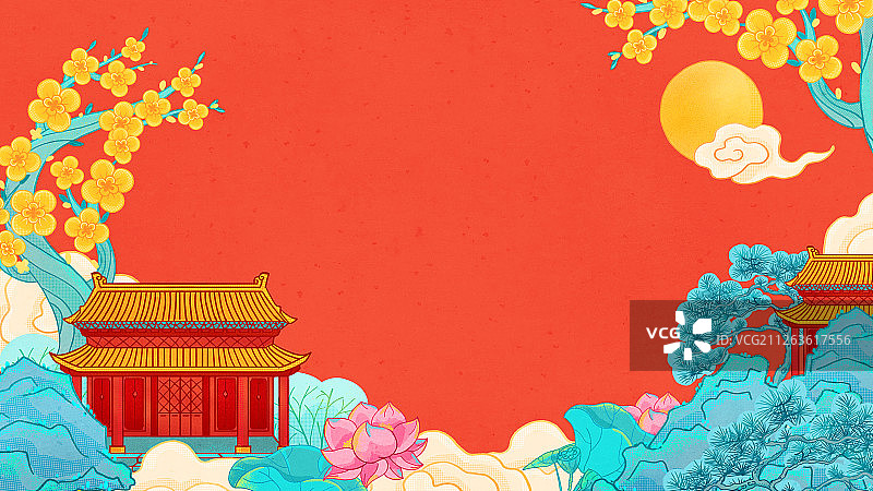 祥云环绕的桂花树下的宫殿和青色山石荷花国风手绘插画图片素材