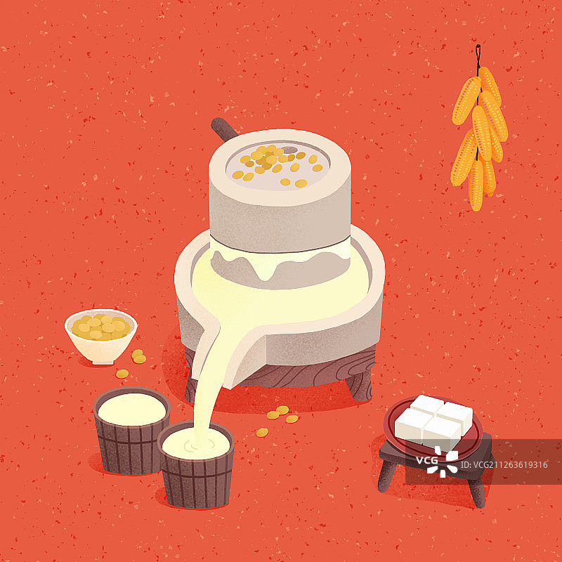 年俗扁平风红色背景方形腊月二十五-做豆腐图片素材