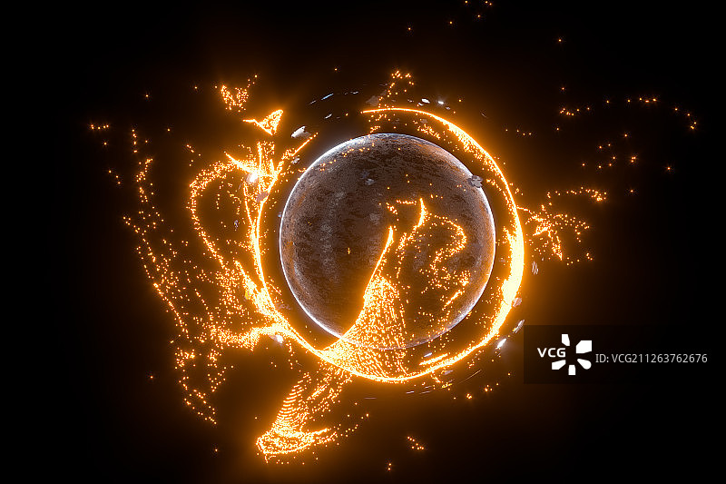 虚拟星球与发光燃烧的粒子 三维渲染图片素材