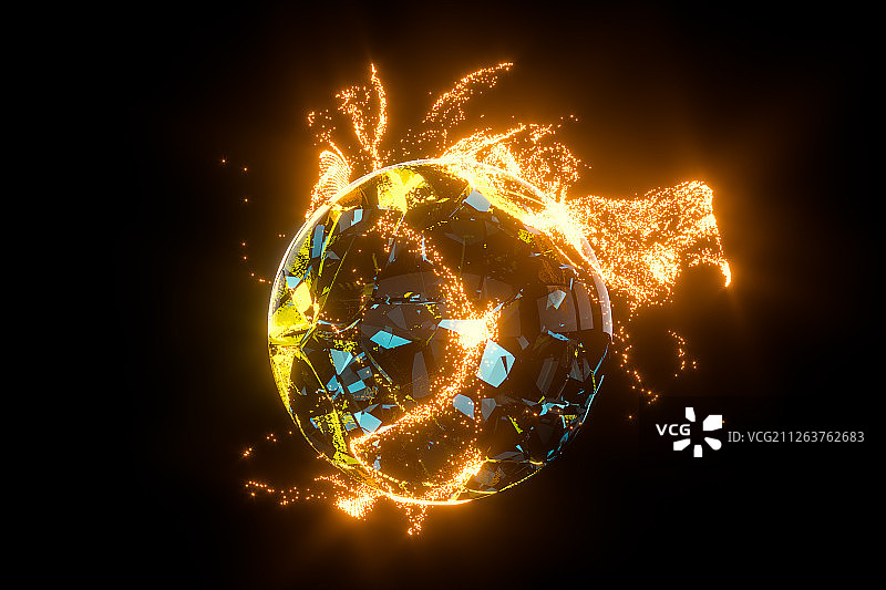 虚拟星球与发光燃烧的粒子 三维渲染图片素材