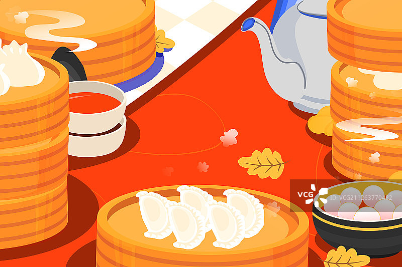 卡通冬至吃饺子逛街购物美食外卖活动背景矢量插画图片素材