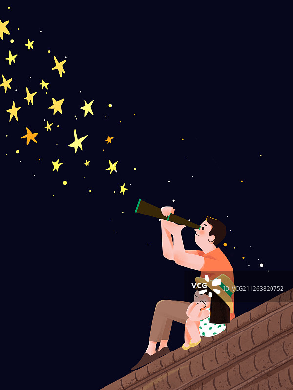 父亲和女儿房顶看星星图片素材