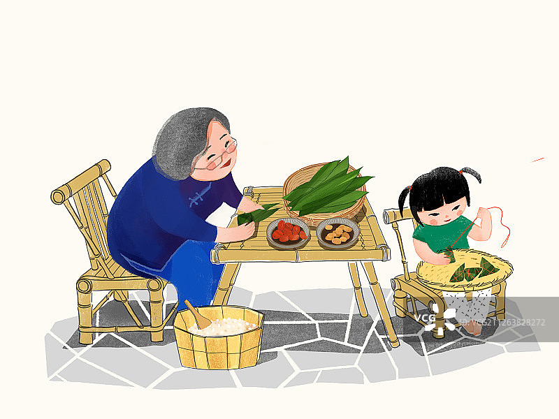 端午节奶奶和孙女包粽子插图图片素材