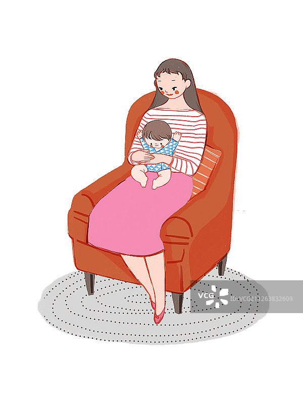 抱着宝宝坐在沙发上的妈妈插图图片素材