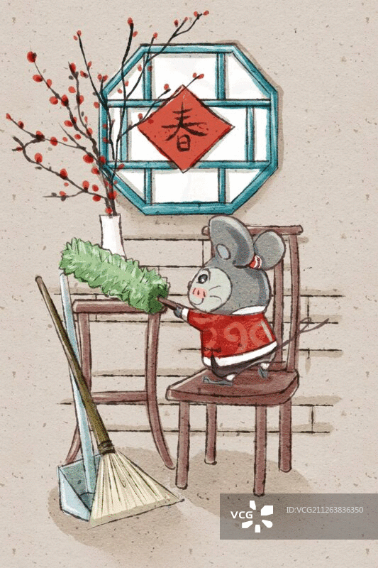 十二生肖鼠年中国风春节民俗系列之二十四扫房子图片素材