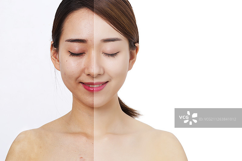 美丽的年轻女性，光滑的皮肤和粗糙的皮肤对比的概念照片图片素材