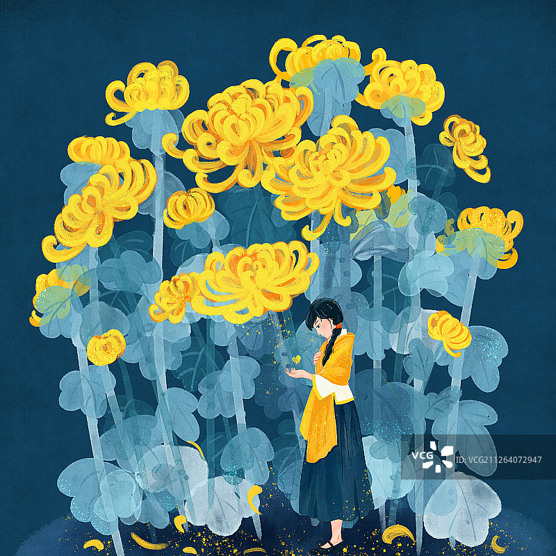 菊花从中接金色蝴蝶的披黄色披肩的民国梳长辫女子国画水彩插画1图片素材