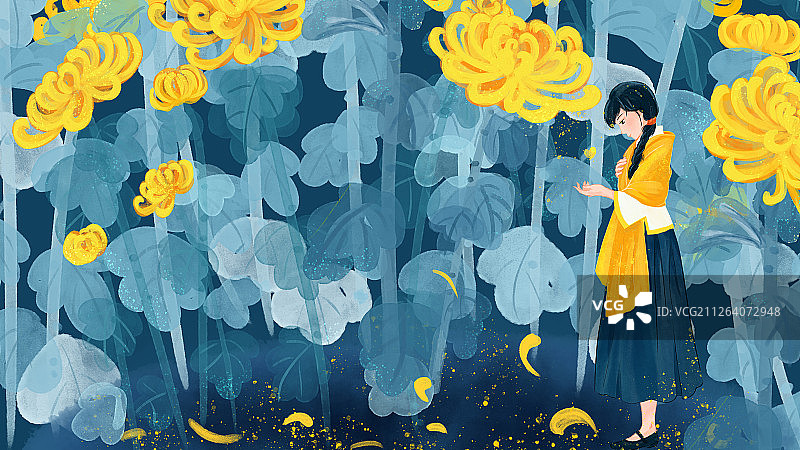 菊花从中接金色蝴蝶的披黄色披肩的民国梳长辫女子国画水彩插画1图片素材