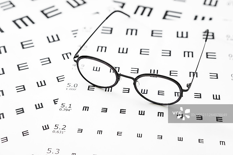 黑色眼镜放在视力表图纸上图片素材