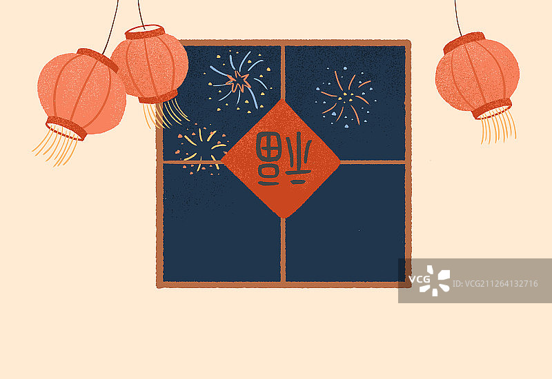 灯笼窗户烟火背景插画图片素材