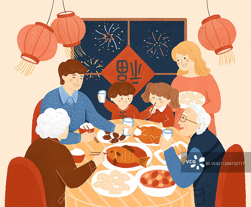 春节除夕年夜饭插画图片素材