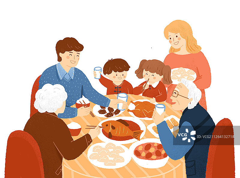 年夜饭家庭团圆插画图片素材
