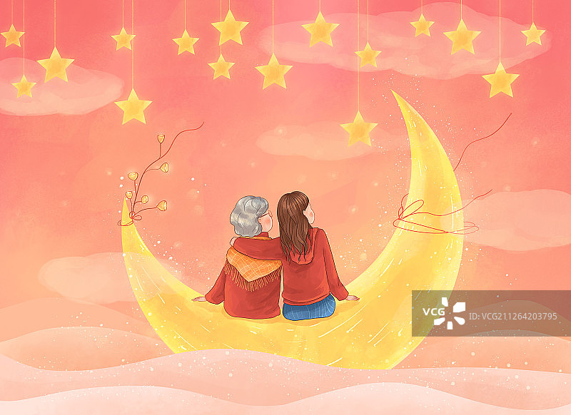 月亮上的白发母亲和女儿母亲节插画图片素材