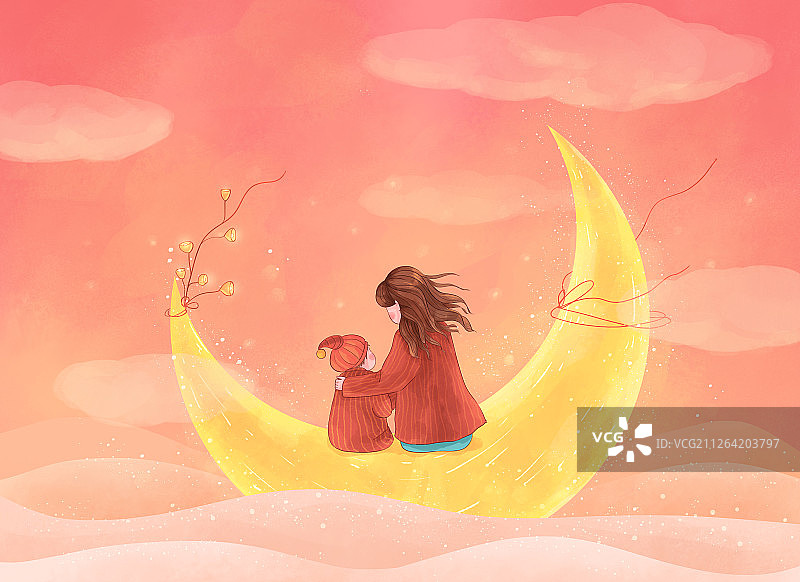 月亮上的母女背影温馨母亲节插画2图片素材