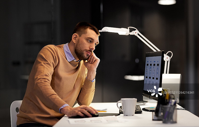 软件开发业务截止日期技术概念-网页设计师在夜间办公室使用记事本和用户界面模型在电脑屏幕上工作图片素材