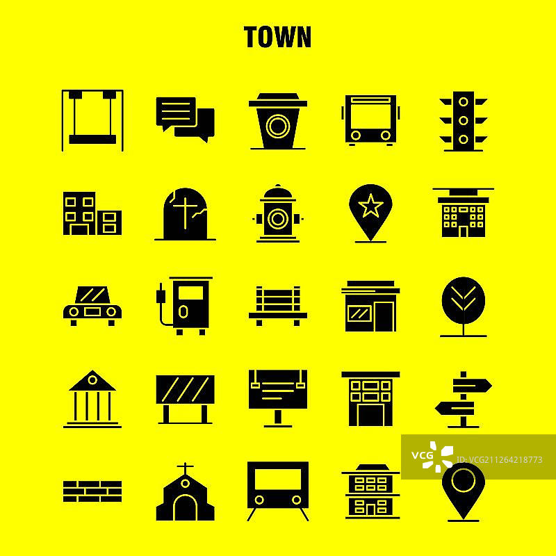 城镇实体字形图标集，适用于信息图表、移动UX/UI套件和印刷设计。包括：位置、地图、城镇、教堂、房屋、公园、操场、图标集 - 矢量图片素材