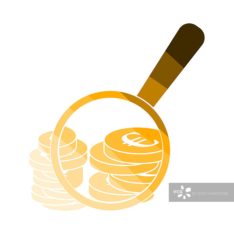 放大镜与硬币堆叠图标：扁平彩色阶梯设计矢量图图片素材