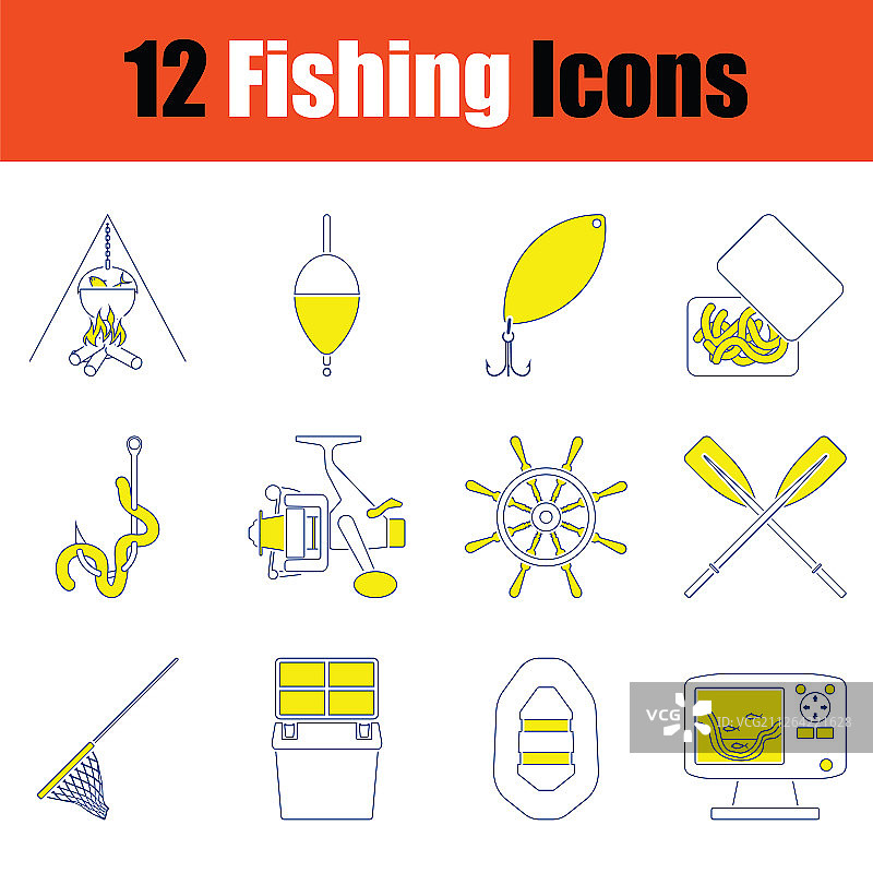 钓鱼图标集。细线设计。矢量图图片素材