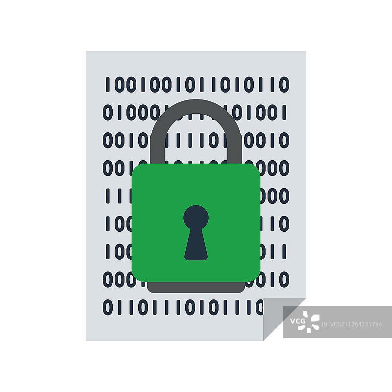 数据安全图标：含二进制代码和锁的表格，扁平风格设计，数据系列，矢量图图片素材