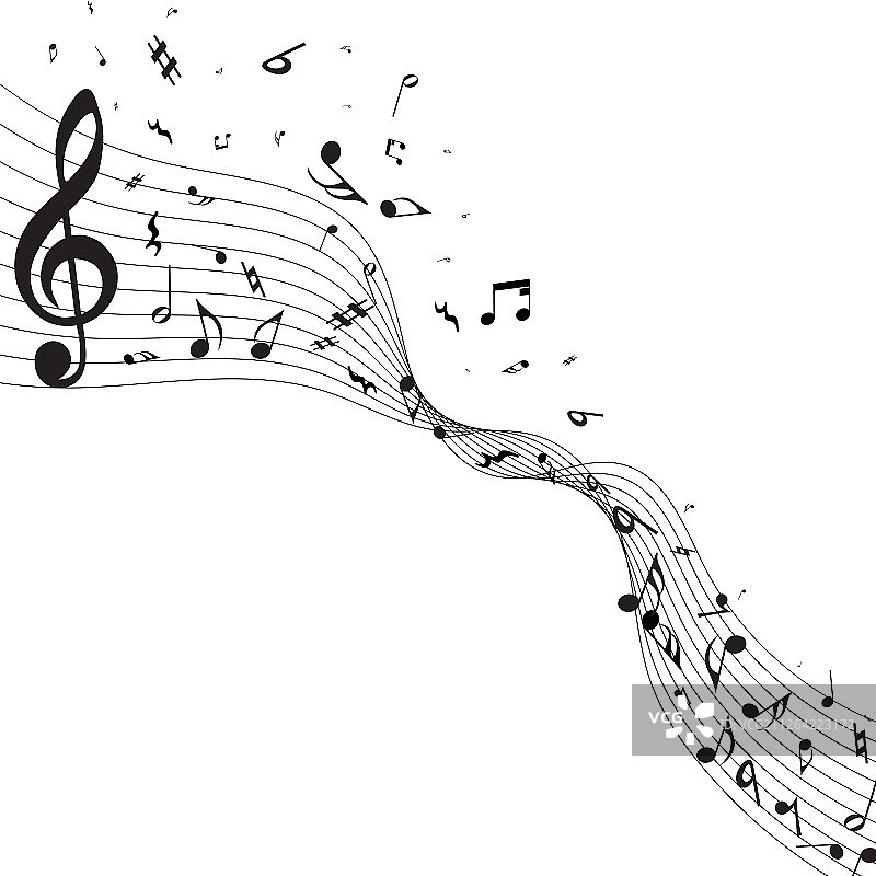 带有高音谱号和音符的音乐设计元素，留有文案空间。优雅的创意设计，白色背景，矢量图。图片素材
