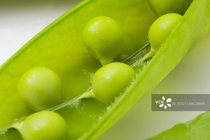 白色盘子上打开的绿豌豆荚，特写图片素材