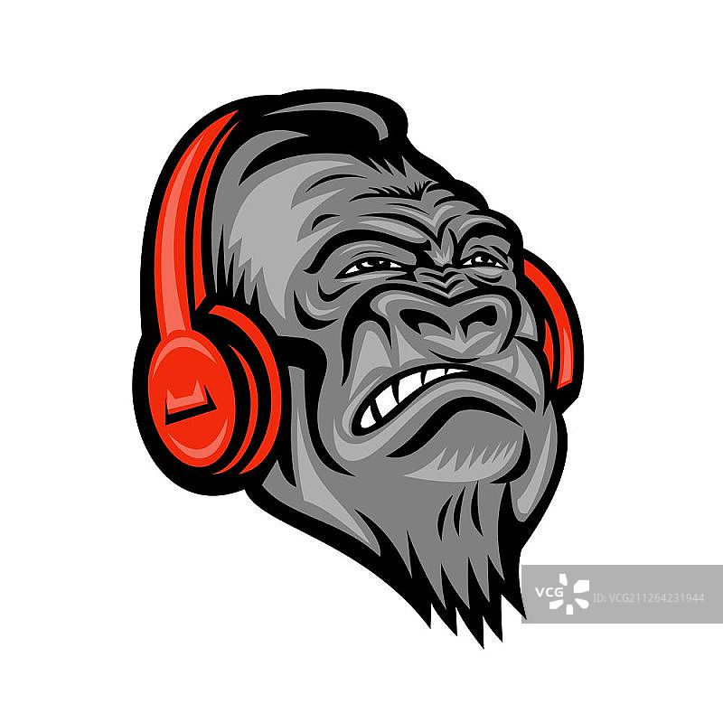 戴着红色耳机听音乐的愤怒大猩猩或猿猴的头部吉祥物图标，复古风格图片素材